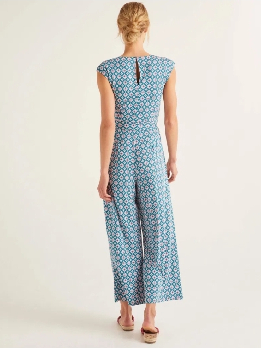 Boden V-Neck Wide-Leg Jersey Jumpsuit in Teal & Pink Print - Size 16/18R - Picture 4 of 15